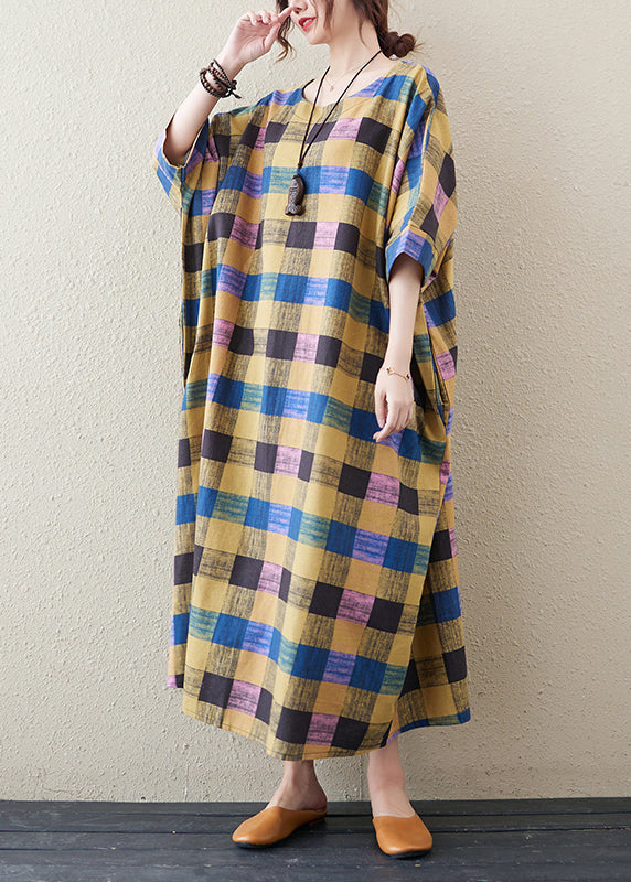 Plus Size Yellow Plaid O Neck Print Cotton Long Dress Half Sleeve