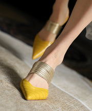 Pointed Toe Yellow Cowhide Leather Splicing Stiletto Slide Sandals