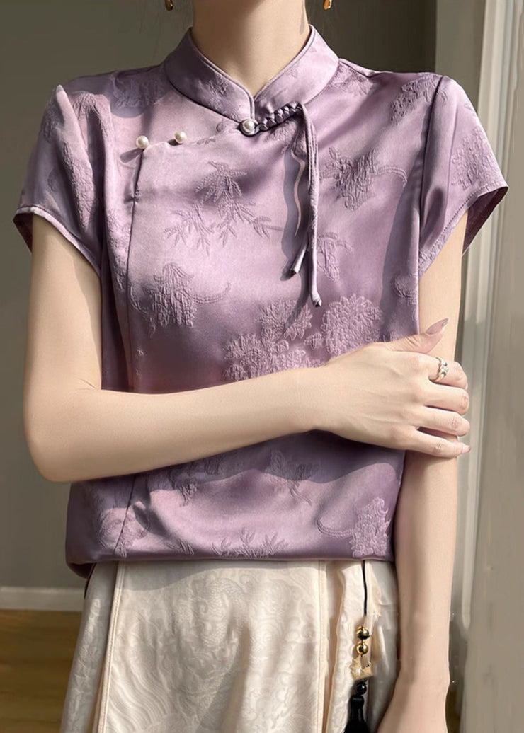 Purple Button Silk Blouses Stand Collar Short Sleeve