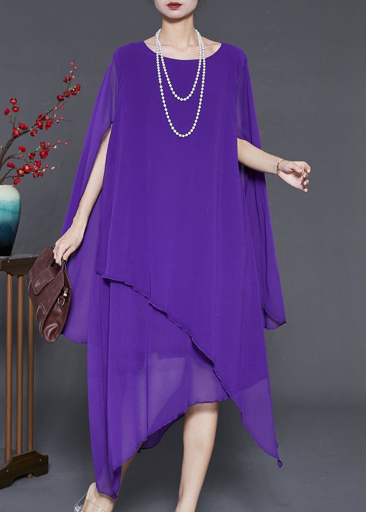 Purple Draping Chiffon Long Dresses Asymmetrical Cloak Sleeves