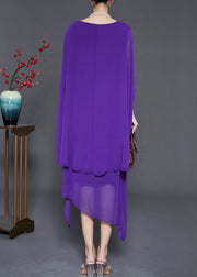 Purple Draping Chiffon Long Dresses Asymmetrical Cloak Sleeves