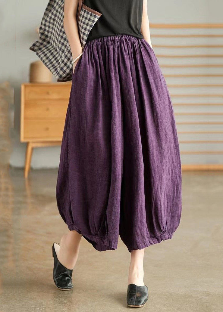 Purple Geometry Elastic Waist Linen Wide Leg Pants