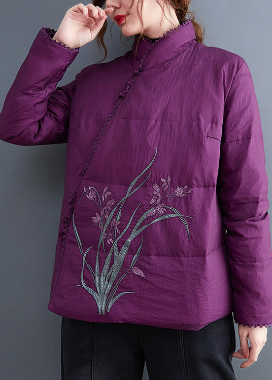 Purple Fine Cotton Filled Jackets Embroideried Stand Collar Winter