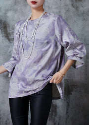 Purple Grey Silk Shirts Tasseled Chinese Button Fall