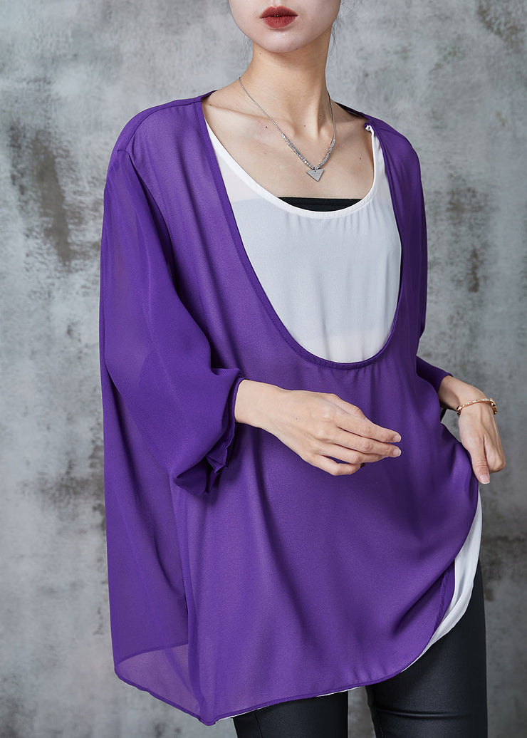 Purple Patchwork Chiffon Fake Two Piece Tops Oversized Summer