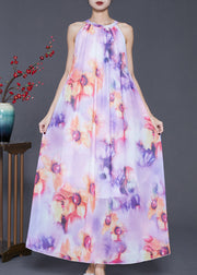 Purple Print Chiffon Beach Dresses Cold Shoulder Summer