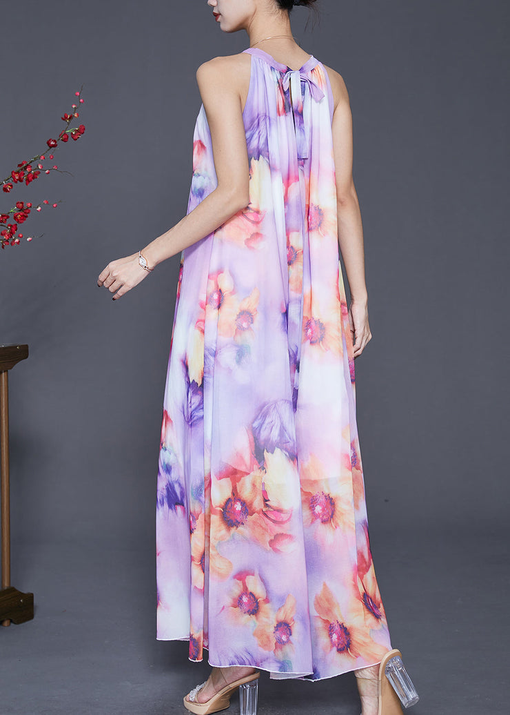 Purple Print Chiffon Beach Dresses Cold Shoulder Summer