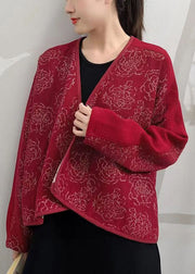 Red Button Patchwork Woolen Coats V Neck Long Sleeve