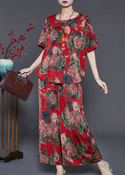 Red Floral Print Silk Two Pieces Set Oversized Summer