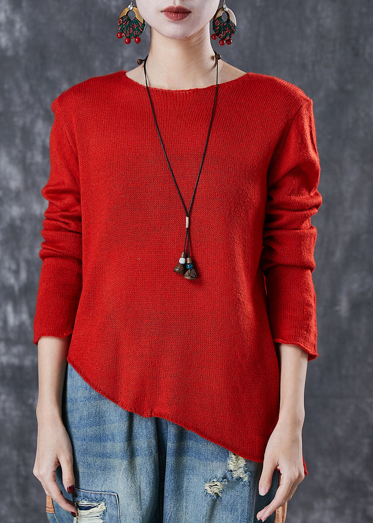 Red Loose Knit Sweaters Asymmetrical Design Spring