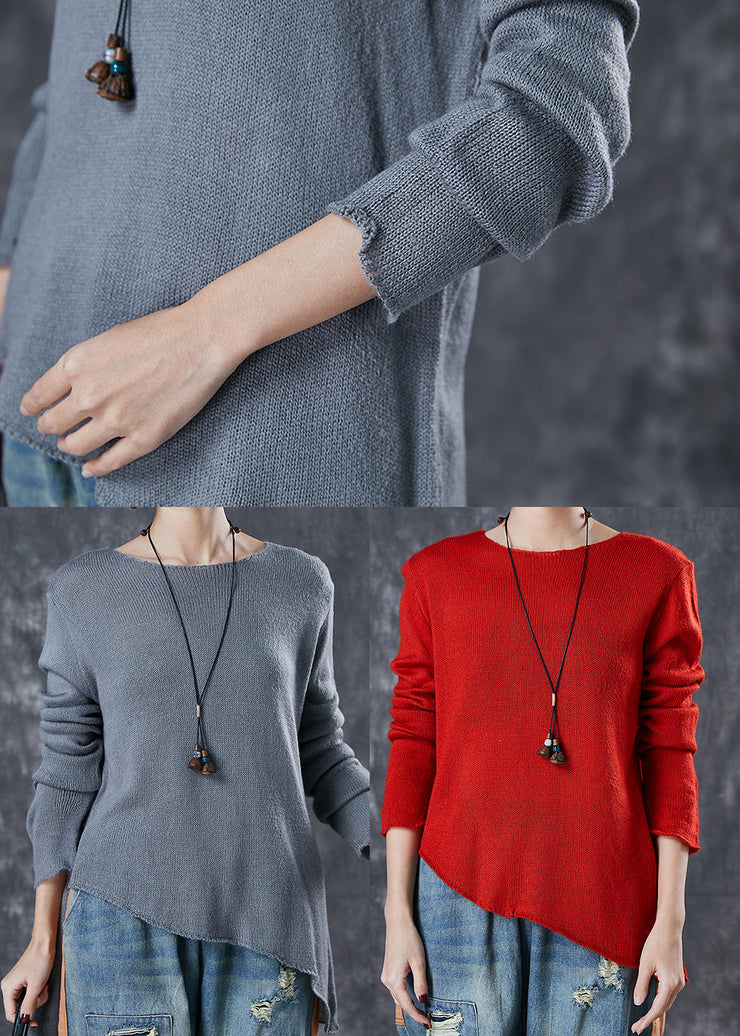 Red Loose Knit Sweaters Asymmetrical Design Spring