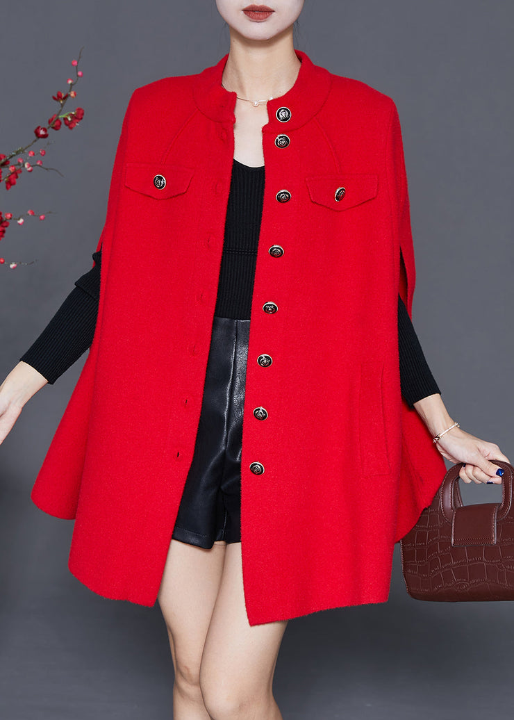 Red Oversized Woolen Coats Metal Buttons Cloak Sleeves