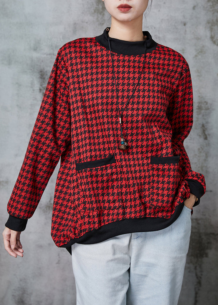 Red Plaid Cotton Pullover Sweatshirt Stand Collar Spring