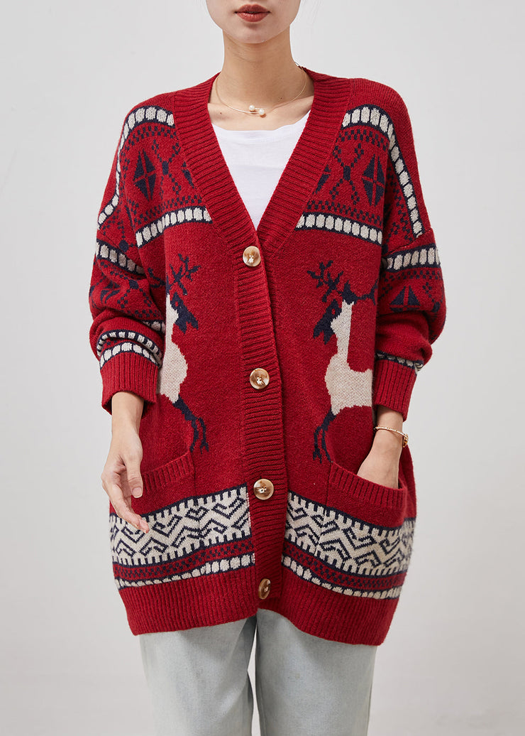 Red Print Knit Cardigans V Neck Pockets Winter