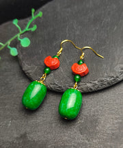 Regular Green Sterling Silver Jade Cinnabar Drop Earrings