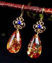 Regular Sterling Silver Overgild Inlaid Gem Stone Amber Drop Earrings