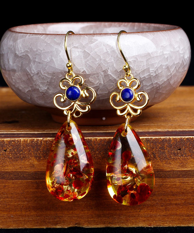 Regular Sterling Silver Overgild Inlaid Gem Stone Amber Drop Earrings