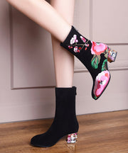 Retro Black Suede Chunky Boho Embroidery Boots