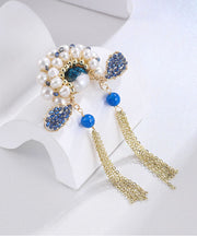 Retro Blue Copper Overgild Zircon Pearl Face Mask Brooches