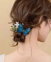 Retro Blue Crystal Resin Floral Embroidery Butterfly Hairpin