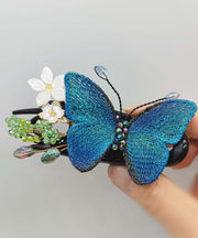 Retro Blue Crystal Resin Floral Embroidery Butterfly Hairpin