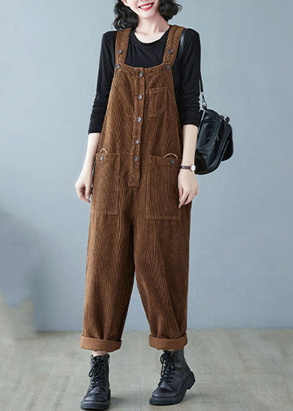 Retro Coffee Pockets Thick Corduroy Jumpsuit Fall