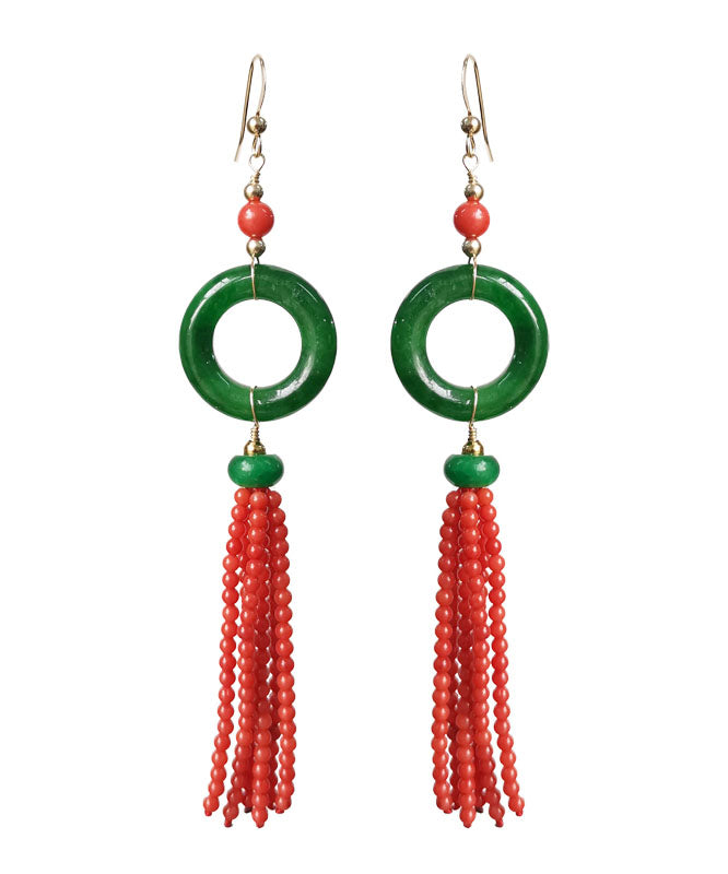 Retro Green 14K Gold Jade Tassel Circle Drop Earrings