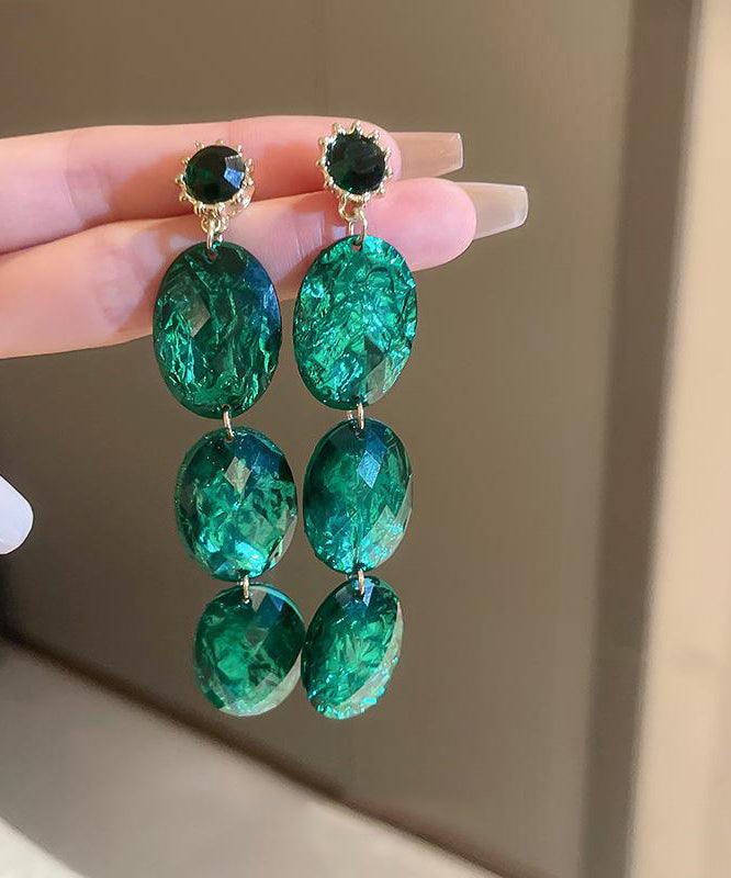 Retro Green Alloy Acrylic Zircon Oval Tassel Drop Earrings