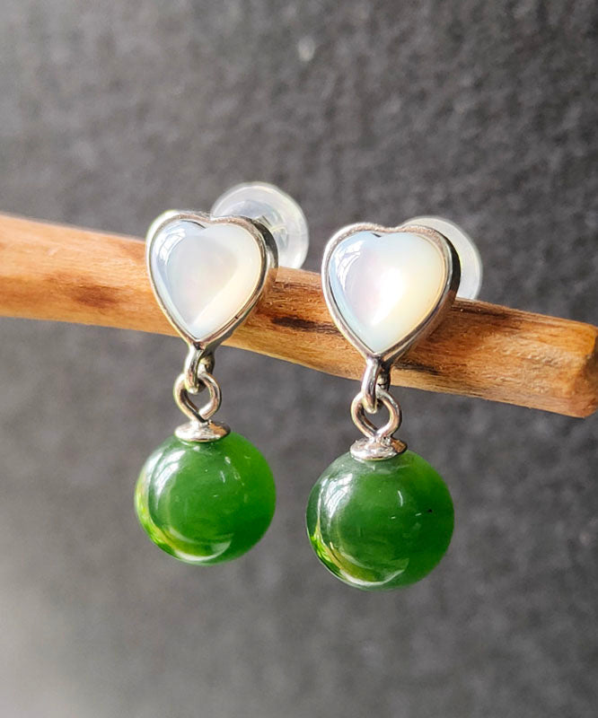 Retro Green Sterling Silver Inlaid Love Shell JadeDrop Earrings