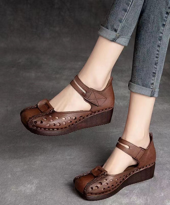 Retro Hollow Out Splicing Wedge Sandals Brown Cowhide Leather