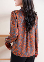 Retro Orange Ruffled Print Tops Long Sleeve