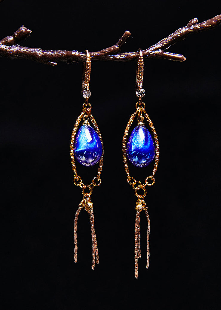 Retro Peacock Blue Water Droplet Gem Stone Tassels Drop Earrings