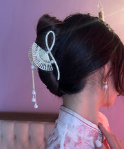 Retro Red Zircon Pearl Floral Fan Tassel Hairpin