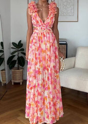 Sexy Pink Ruffled Print Lace Up Cotton Maxi Dress Sleeveless