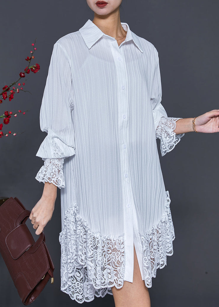 Sexy White Lace Patchwork Wrinkled Chiffon Shirt Dress Spring