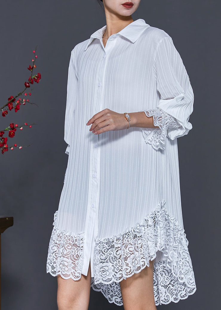 Sexy White Lace Patchwork Wrinkled Chiffon Shirt Dress Spring