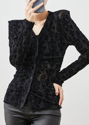 Silm Fit Black Jacquard Velour Shirt Top Spring