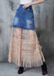 Silm Fit Blue Patchwork Tulle Denim Holiday Skirt Summer