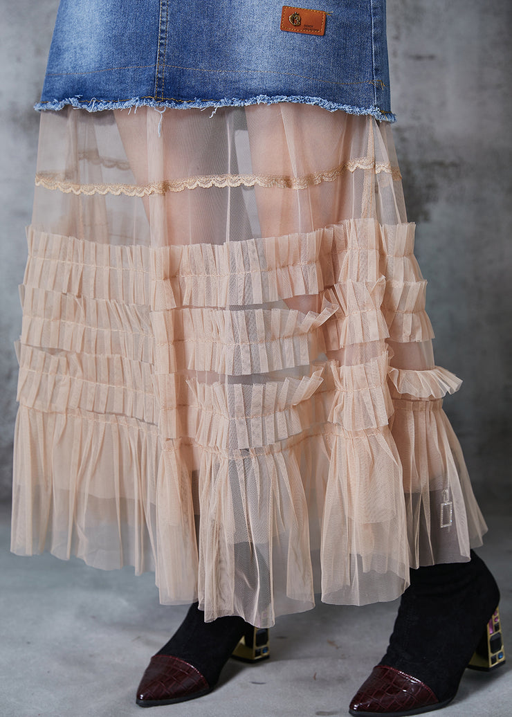 Silm Fit Blue Patchwork Tulle Denim Holiday Skirt Summer