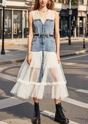 Silm Fit White V Neck Patchwork Denim Tulle Vacation Dresses Sleeveless