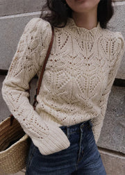 Simple Apricot Hollow Out Patchwork Knit Sweaters Fall