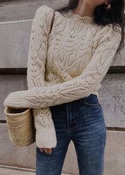 Simple Apricot Hollow Out Patchwork Knit Sweaters Fall