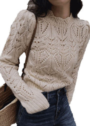 Simple Apricot Hollow Out Patchwork Knit Sweaters Fall