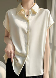 Simple Apricot Peter Pan Collar Button Silk Shirt Summer