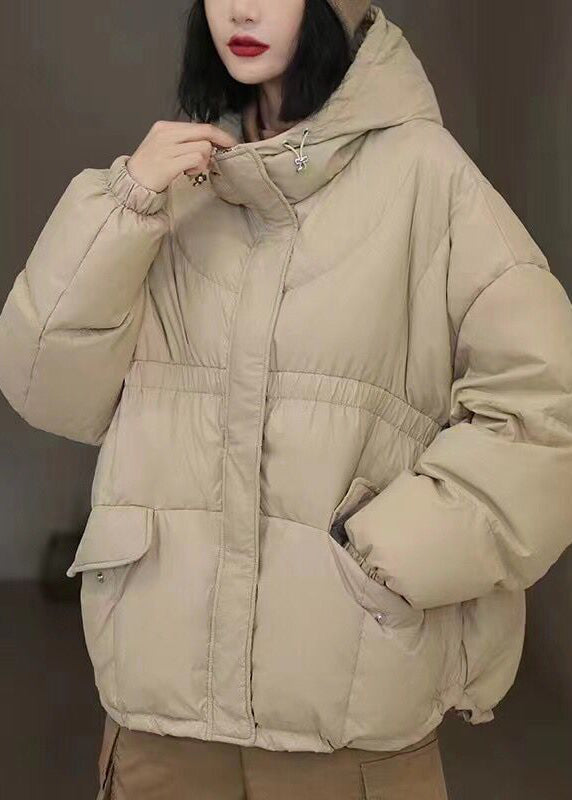 Simple Beige Hooded Pockets Duck Down Jackets Winter