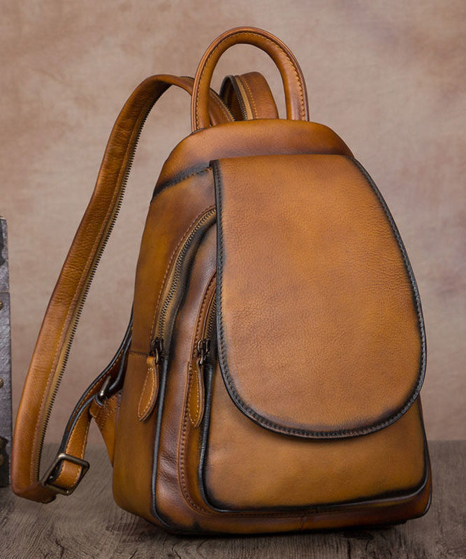 Simple Brown Large Capacity Genuine Calf Leather Backpack Bag