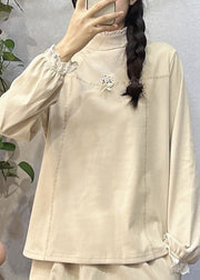 Simple Coffee Embroidered Lace Patchwork Cotton Top Long Sleeve