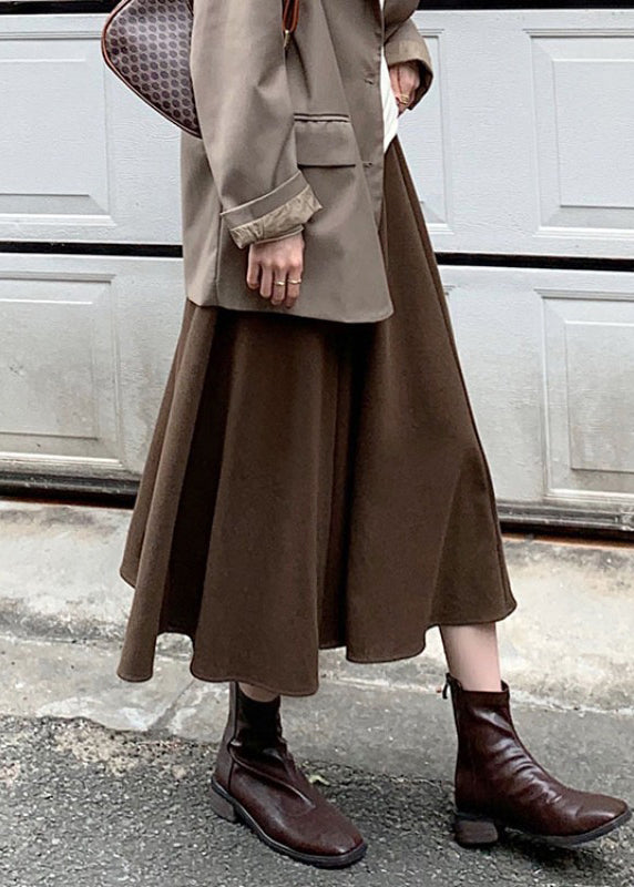 Simple Coffee Wrinkled High Waist Patchwork Woolen Skirt Fall