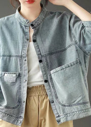 Simple Denim Blue Stand Collar Pockets Patchwork Button Jacket Spring