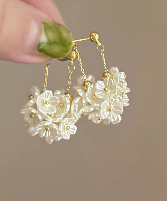 Simple Gold Alloy Pearl Floral Tassel Drop Earrings